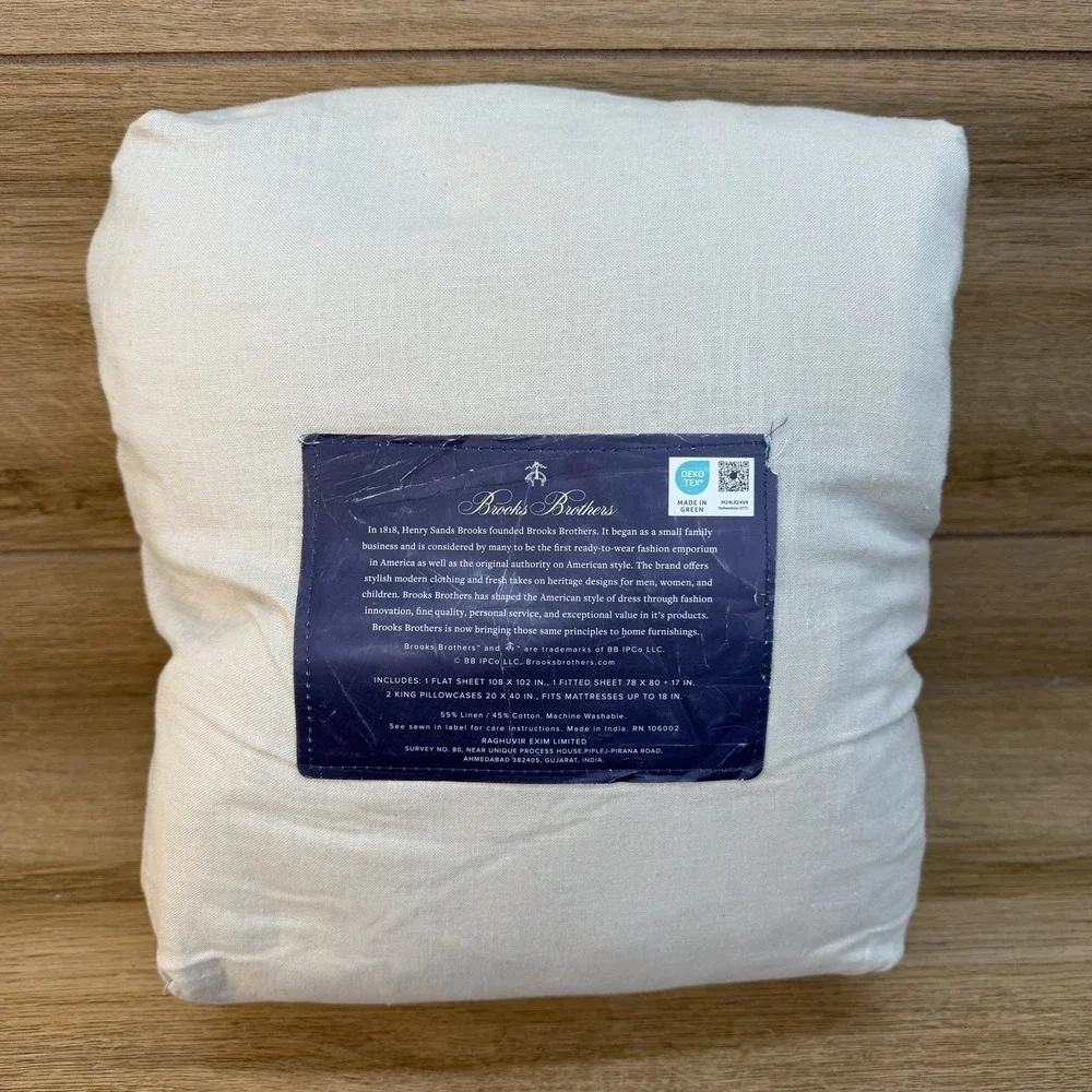 NEW Brooks Brothers Linen/Cotton Blend KING Size Sheet Set Washed for Softness